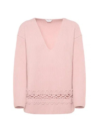 Malo Alma Embroidered Cashmere Rib V-neck Sweater In Pink