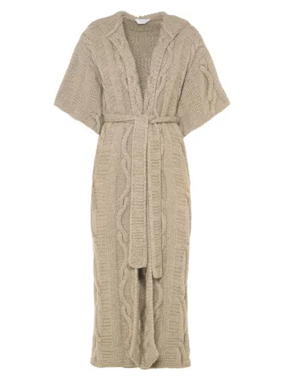 Malo Amelia Cashmere Cable-knit Hooded Wrap Coat In Brown