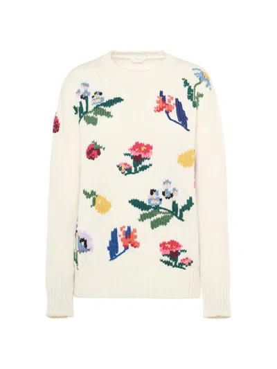 Malo Dalia Embroidered Crewneck Cashmere Sweater In White