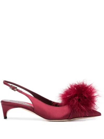 Malone Souliers Andrea Satin Feather Pom Slingback Pumps In Red