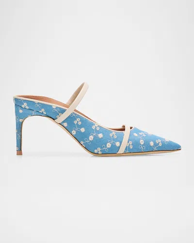 Malone Souliers 70mm Aurora Embroidered Denim Mule Pumps In Blue
