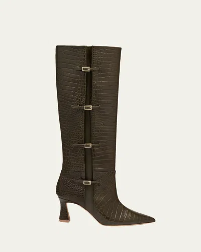 Malone Souliers 70mm Nolan Croc-embossed Leather Knee-high Boots In Green