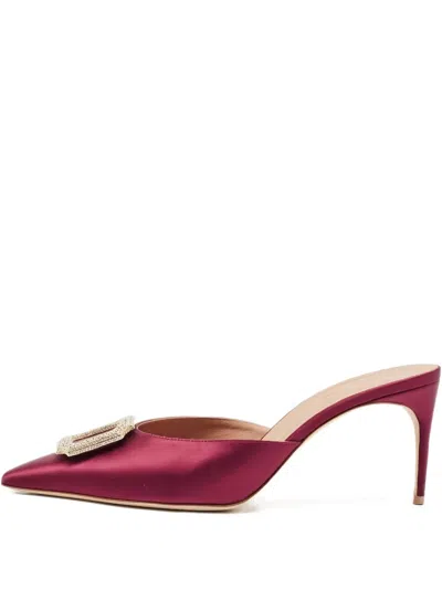 Pre-owned Malone Souliers 75mm Satin Embellished Mules In Red