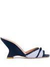 Malone Souliers Isla Striped Bow Mule Wedge Sandals In Blue