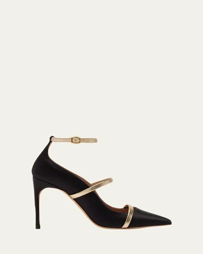 Malone Souliers 90mm Diaz Satin And Metallic Leather Ankle-strap Pumps In Black