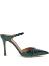 Malone Souliers Uma 90 Python-effect Metallic Leather Mules In Green