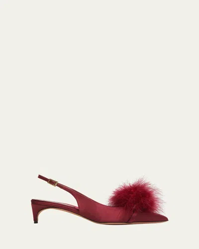 Malone Souliers Andrea Satin Feather Pom Slingback Pumps In Red