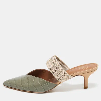 Pre-owned Malone Souliers Army Green Croc Embossed Leather Maisie Mules Size 37