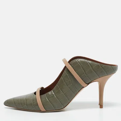 Pre-owned Malone Souliers Army Green/beige Croc Embossed Leather Maureen Mules Size 40.5