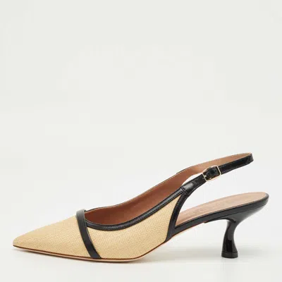 Pre-owned Malone Souliers Beige Canvas And Leather Jama Slingback Pumps Size 38 In Sand