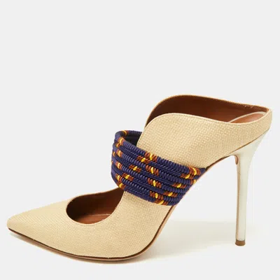 Pre-owned Malone Souliers Beige/navy Blue Raffia And Cord Mara Pointed Toe Mules Size 40