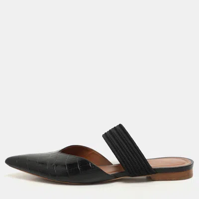 Pre-owned Malone Souliers Black Croc Embossed Leather And Canvas Maisie Mule Flats Size 40.5