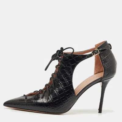 Pre-owned Malone Souliers Black Croc Embossed Leather Montana Lace Up Pumps Size 41