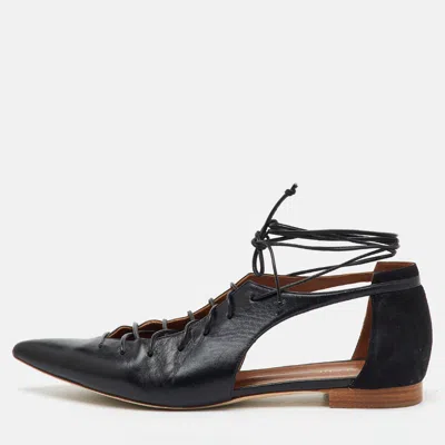 Pre-owned Malone Souliers Black Leather And Suede Montana Lace Up Pointed Toe Flats Size 40.5
