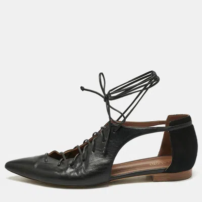 Pre-owned Malone Souliers Black Leather Montana Lace Up Pointed Toe Flats Size 41