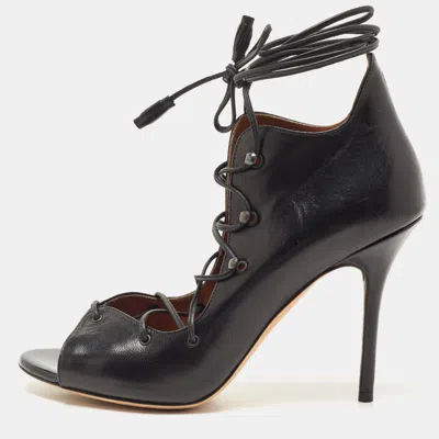 Pre-owned Malone Souliers Black Leather Savannah Open Toe Ankle Wrap Pumps Size 38.5