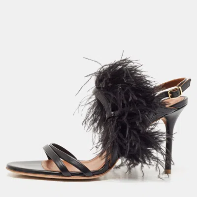 Pre-owned Malone Souliers Black Leather Sonia Feather Slide Sandals Size 37