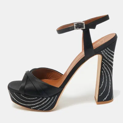 Malone Souliers Black Satin Crystal Embellished Platform Keaton Ankle Strap Sandals