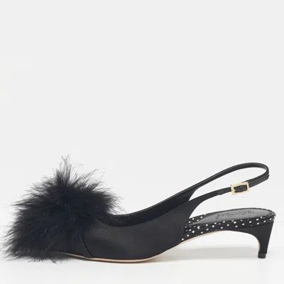Pre-owned Malone Souliers Black Satin Pom Pom Fur Andrea Slingback Pumps Size 39