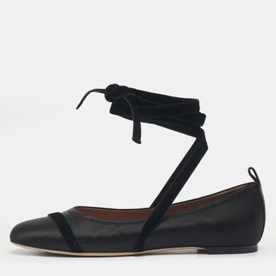 Pre-owned Malone Souliers Black Satin Spncer Ankle Wrap Ballet Flats Size 40