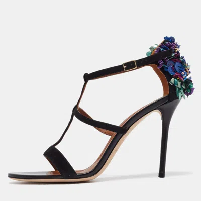 Pre-owned Malone Souliers Black Suede Floral Embellished Ankle Strap Sandals Size 41