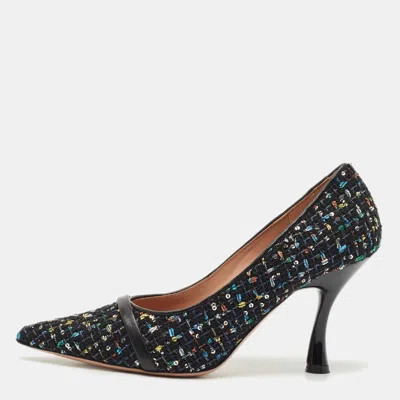 Pre-owned Malone Souliers Black Tweed And Leather Jhene Pointed Toe Pumps Size 38.5