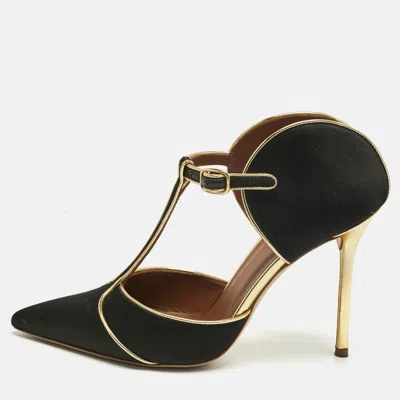 Pre-owned Malone Souliers Black/gold Leather And Satin Imogen Slide Sandals Size 38