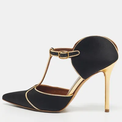 Pre-owned Malone Souliers Black/gold Satin And Leather Imogen Pointed Toe Sandals Size 37