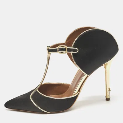 Pre-owned Malone Souliers Black/gold Satin And Leather Imogen Sandals Size 37
