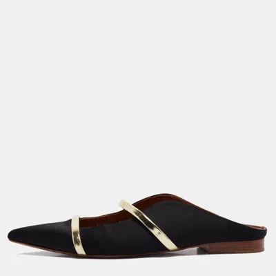 Pre-owned Malone Souliers Black/gold Satin And Leather Maureen Flat Mules Size 38.5