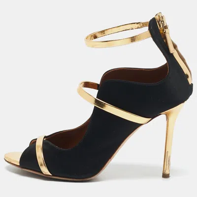 Pre-owned Malone Souliers Black/gold Satin And Leather Mika Ankle Strap Sandals Size 37.5