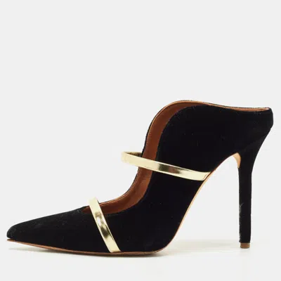 Pre-owned Malone Souliers Black/gold Velvet And Leather Maureen Pointed Toe Mules Size 38