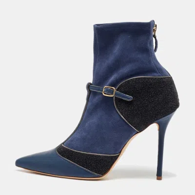 Pre-owned Malone Souliers Blue/black Leather And Suede Sock Ankle Length Boots Size 40