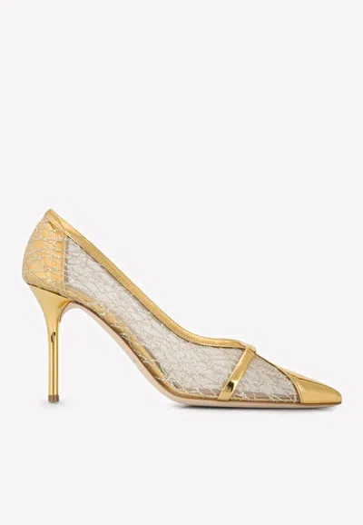 Malone Souliers Brook 85 Glitter Mesh And Leather Pumps In Gold