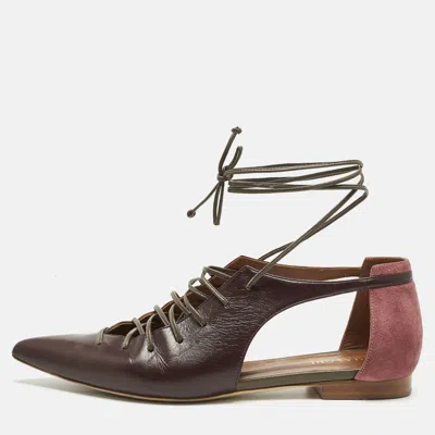 Pre-owned Malone Souliers Burgundy Leather And Suede Montana Lace Up Flat Size 37