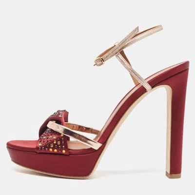 Pre-owned Malone Souliers Burgundy/rose Gold Satin And Leather Lauren Platform Sandals Size 39.5