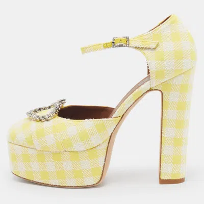 Pre-owned Malone Souliers Camille Size 38 Yellow/white Gingham Fabric Platform Block Heel Pumps