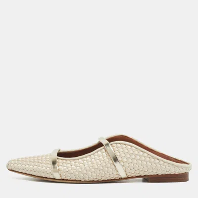 Pre-owned Malone Souliers Cream/gold Woven Satin And Leather Maureen Flat Mules Size 37.5 In White
