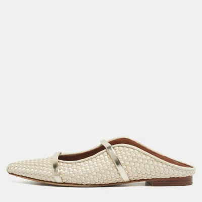 Malone Souliers Cream/gold Woven Satin And Leather Maureen Flat Mules In White