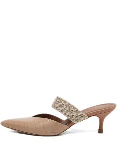 Pre-owned Malone Souliers Croc-embossed Woven Mules In Neutral