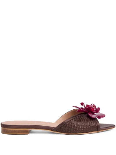 Malone Souliers Crystal Flower Raffia Leather Mule Sandals In Brown