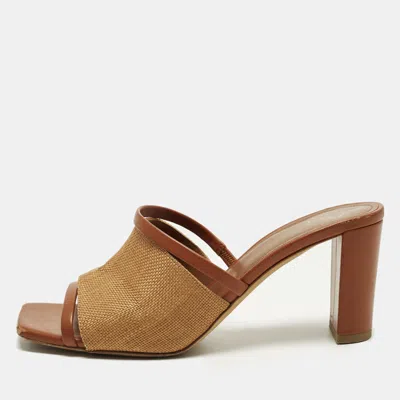Pre-owned Malone Souliers Demi Size 37.5 Brown Leather And Raffia Slide Sandals