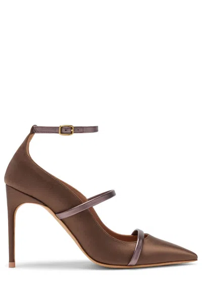 Malone Souliers 90mm Diaz Satin And Metallic Leather Ankle-strap Pumps In Brown
