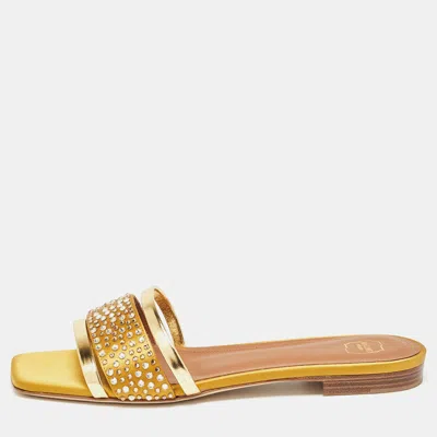 Pre-owned Malone Souliers Gold/mustard Leather And Satin Rosa Flat Slides Size 36.5