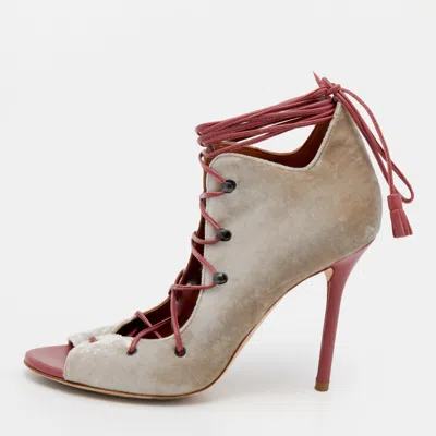 Malone Souliers Grey/pink Velvet And Leather Savannah Ankle Wrap Sandals In Multi
