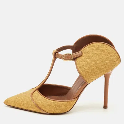 Pre-owned Malone Souliers Imogen Size 36.5 Yellow/brown Canvas And Leather Pointed Toe Mules