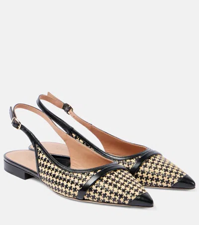 Malone Souliers Jama Leather-trimmed Raffia Ballet Flats In Black