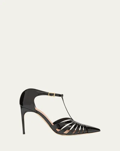 MALONE SOULIERS JENNIFER CAGED PATENT LEATHER T-STRAP PUMPS