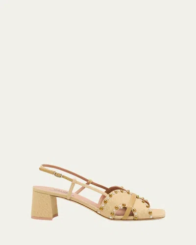 Malone Souliers Katarina Studded Linen Slingback Sandals In Beige Buff