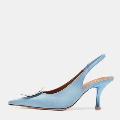 Pre-owned Malone Souliers Light Blue Satin Vilma Crystals Slingback Pumps Size 36